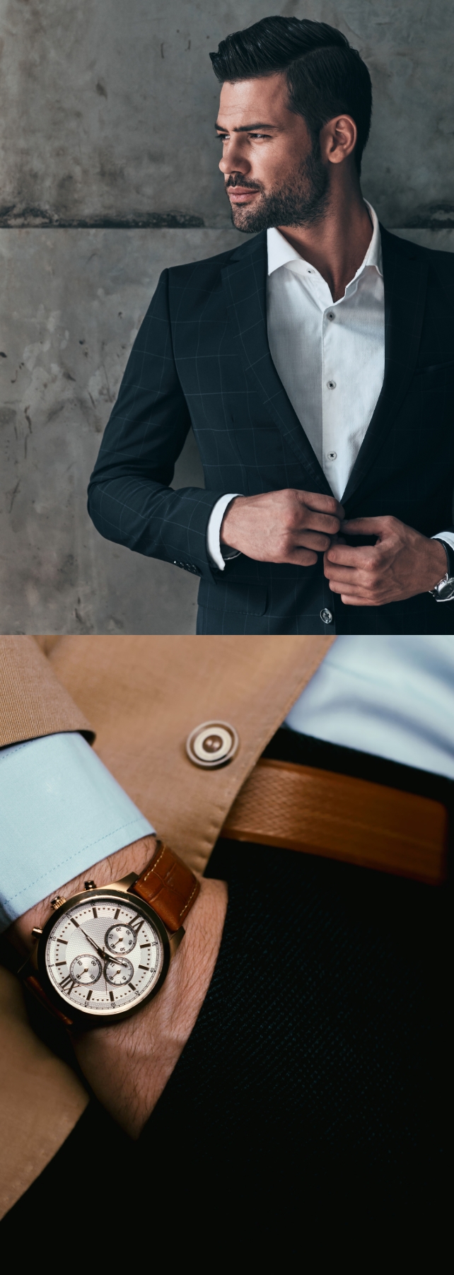 スーツ姿の男性と時計の写真